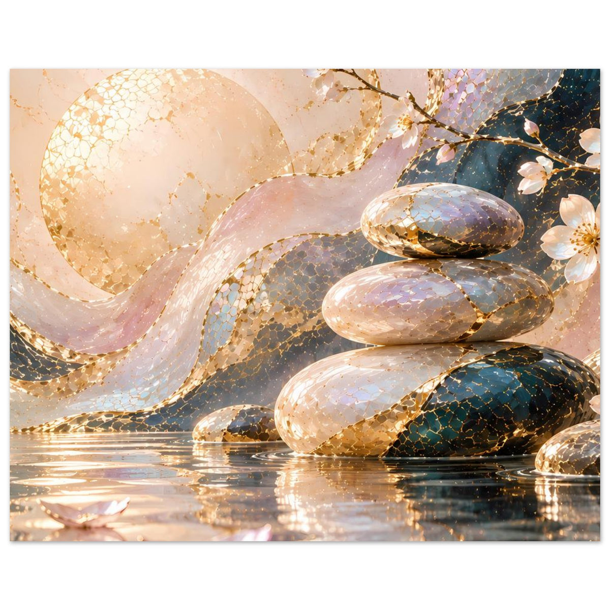 Querformat-Poster mit Zen-Motiv: Steine im Wasser, goldene Details, Blütenzweige