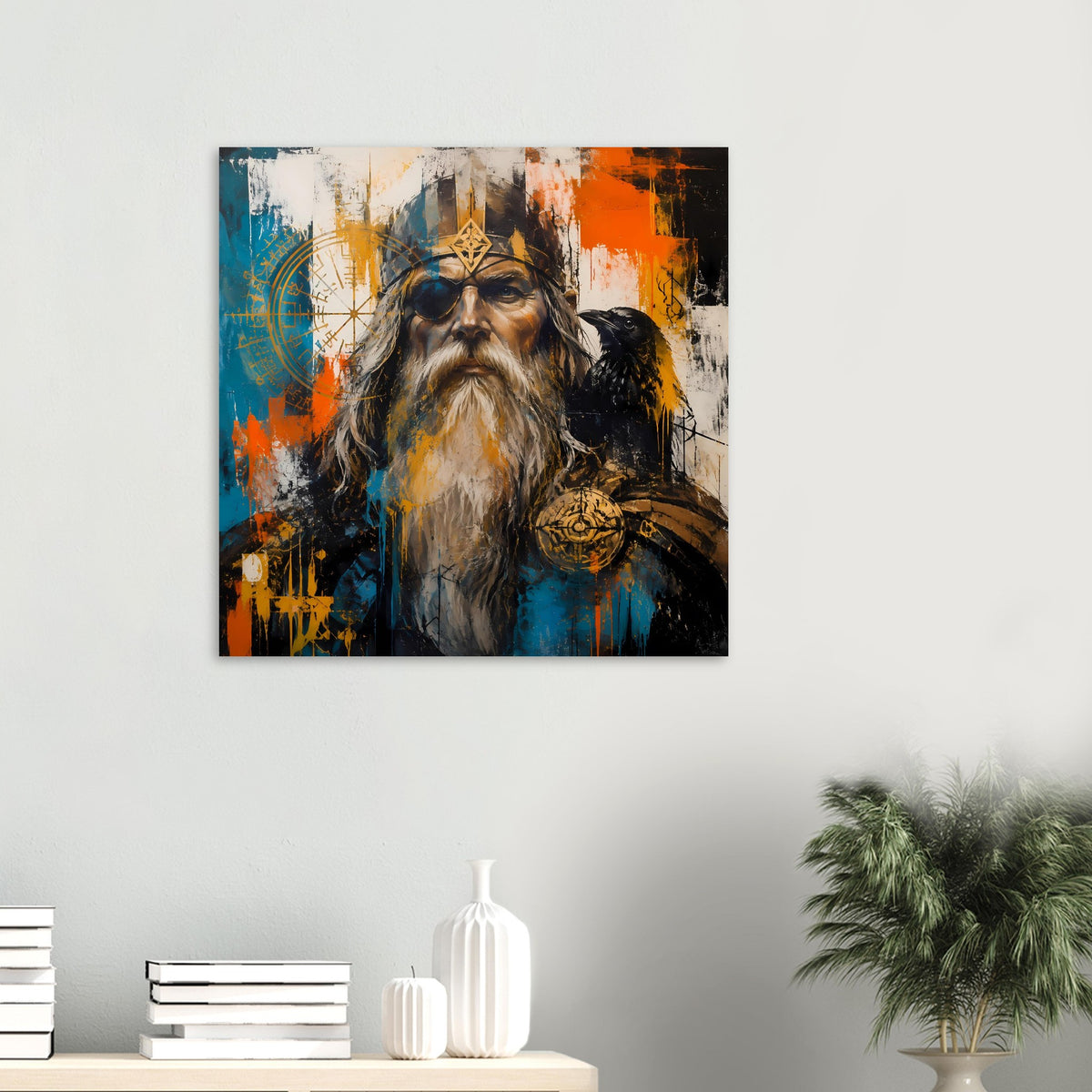 Poster mit nordischem Wikinger, Rabe und Augenklappe im bunten Farbmix