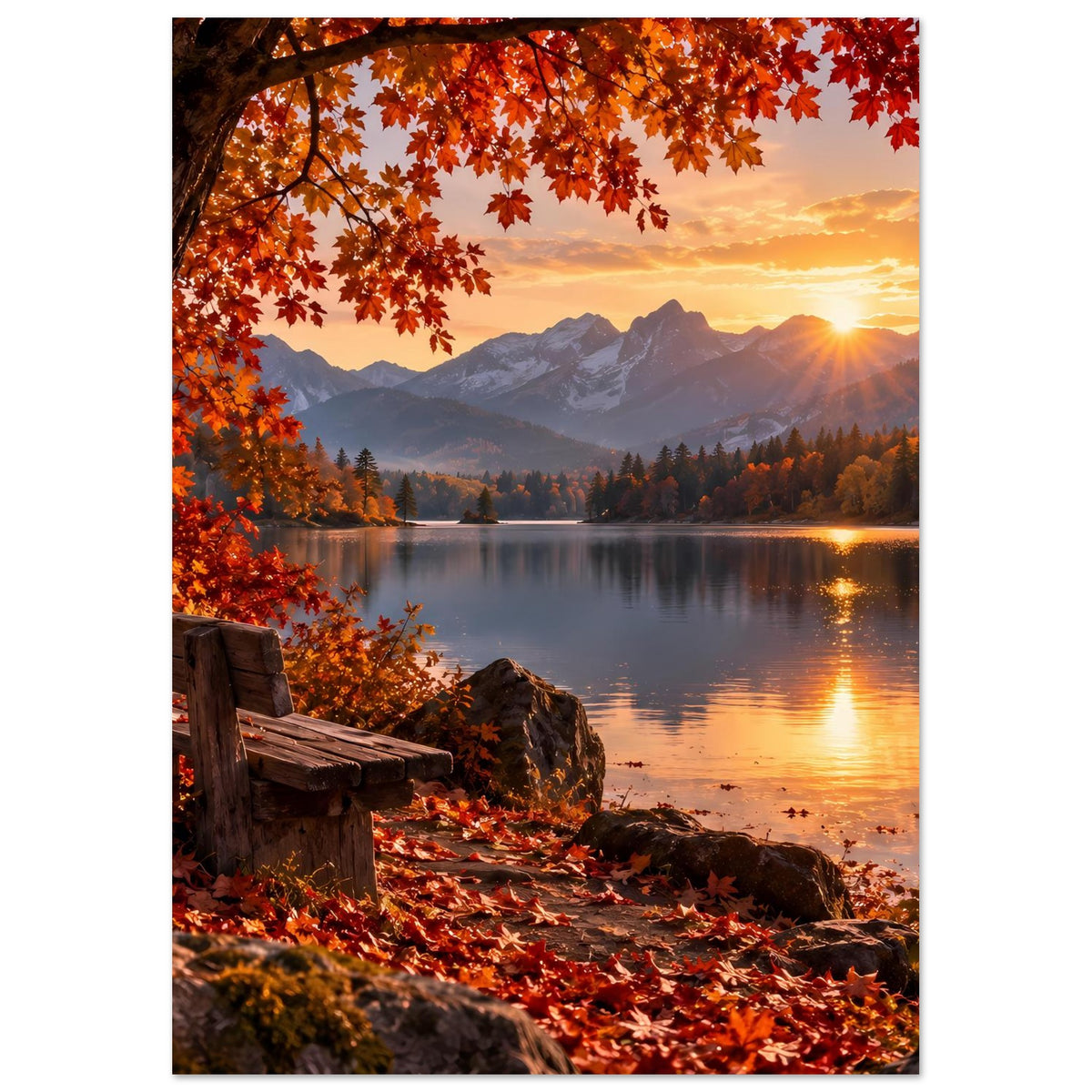 Herbstlandschafts-Poster: Sonnenuntergang über Bergen, See mit Reflexion, rotes Laub, Holzbank