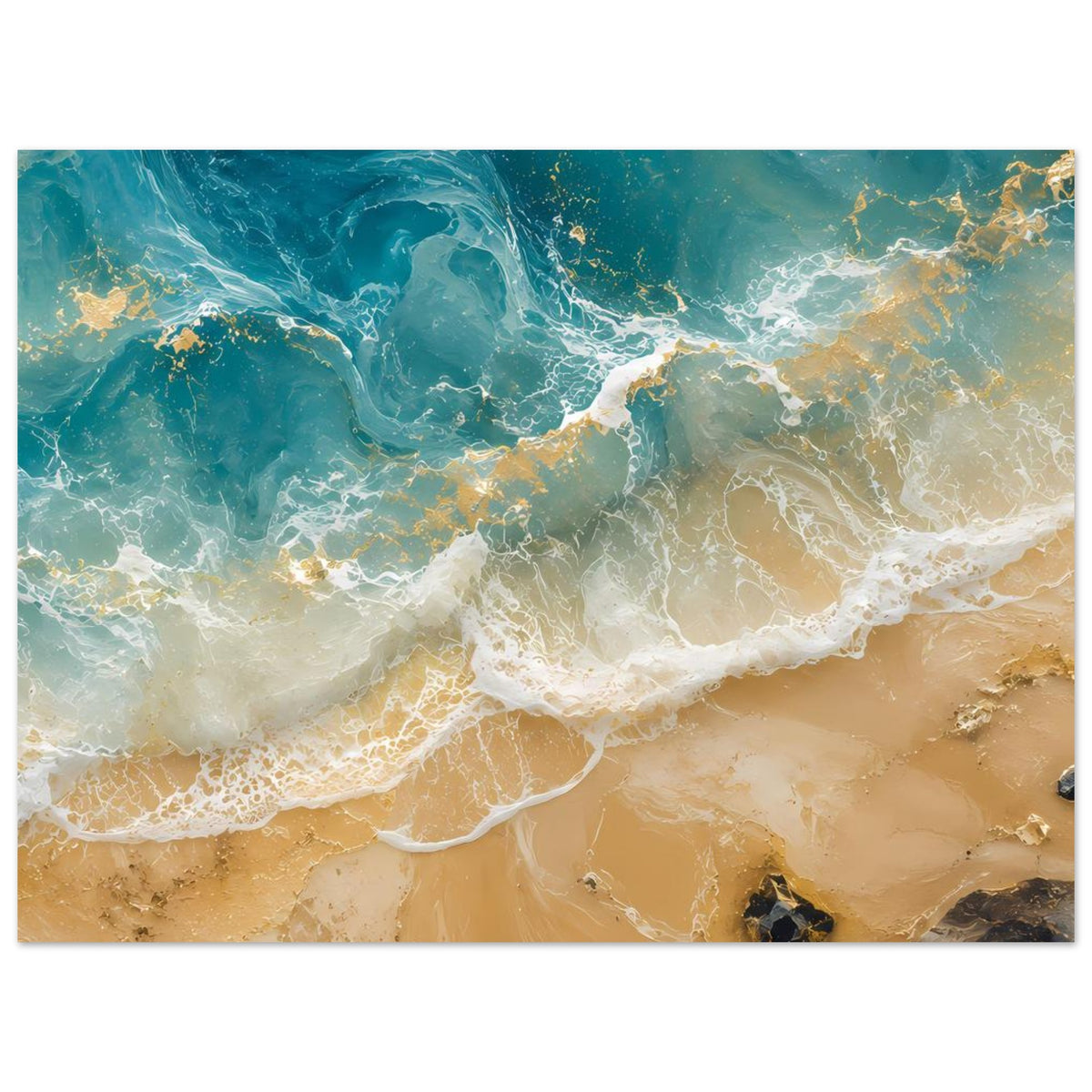 Horizontales Poster mit Ozeanwellen auf beigem Sand, türkisfarbene Strömungen und goldene Akzente