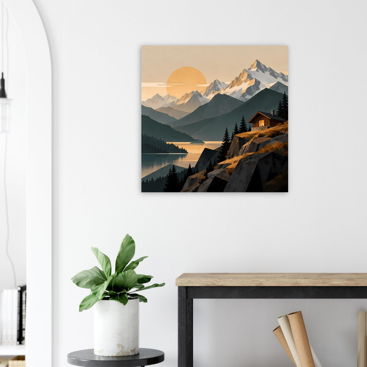Quadratisches Alpen-Poster mit Bergen, See und Hütte bei Sonnenuntergang