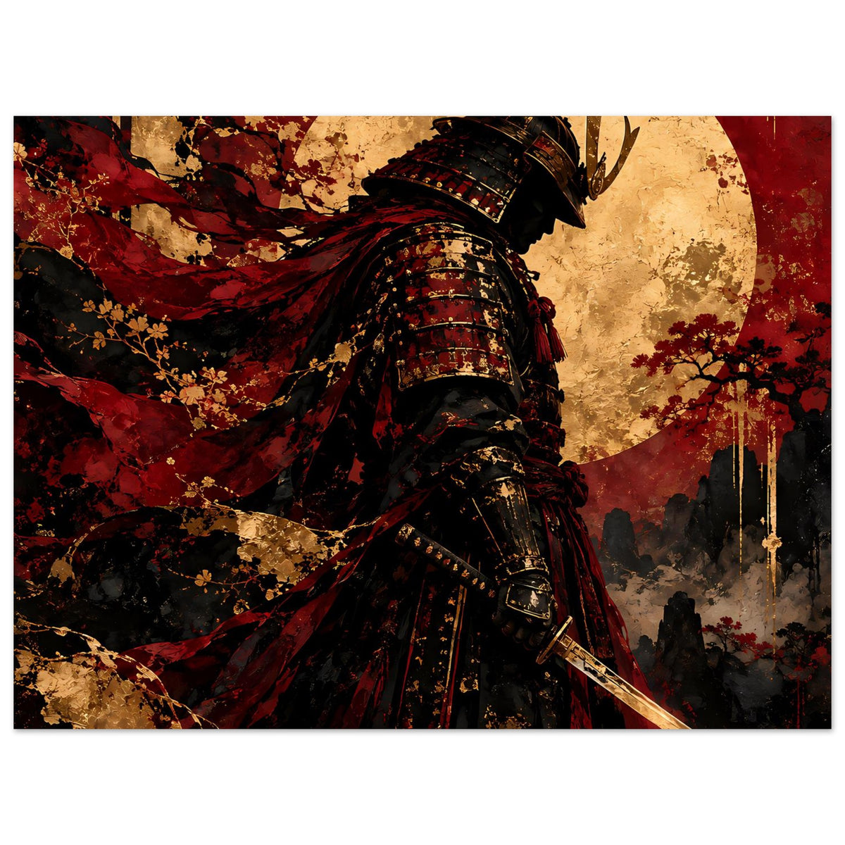 Japan-Poster Nahansicht: Samurai-Krieger mit Helm, rotem Umhang und Katana vor Mondschein