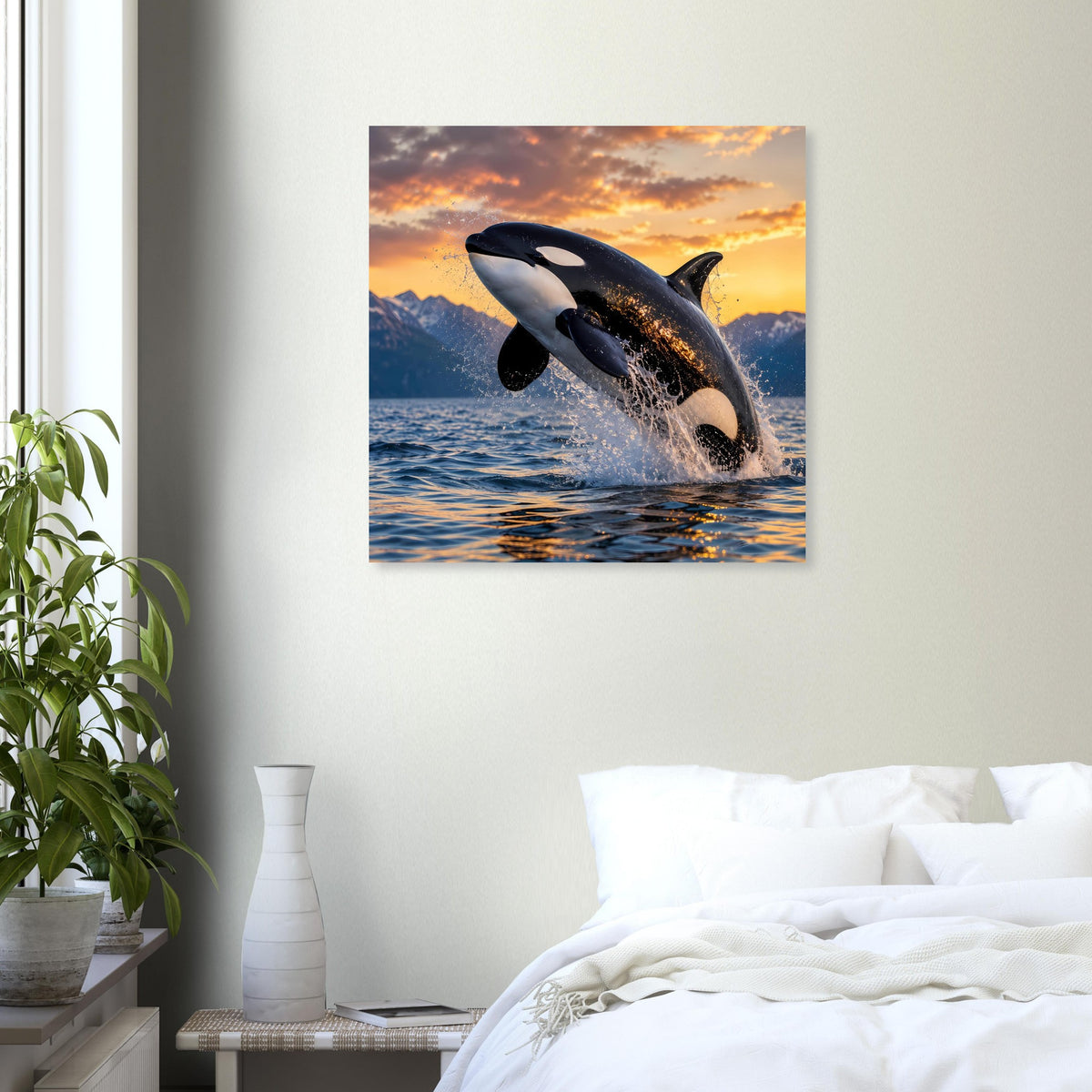 Quadratisches Orca-Sprung-Poster mit Orca im Sprung über Wasserfläche