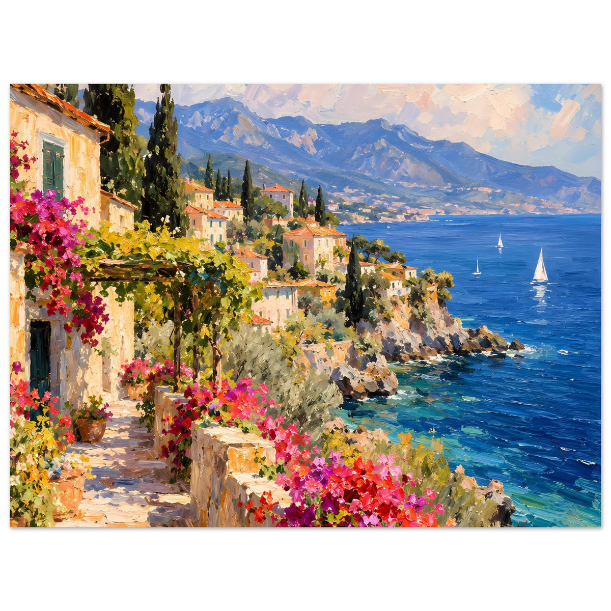 Wandposter mit Küstenpanorama: Gebäude links, Blumen am Ufer, Segelboote auf dem Meer.