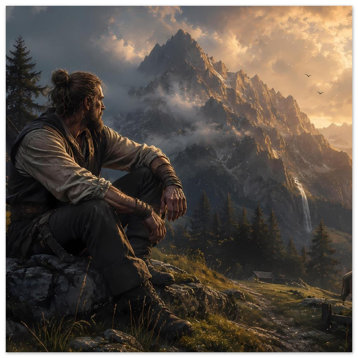 Poster mit Berglandschaft: Mann sitzt am Felsvorsprung, dramatische Berge und warmes Licht
