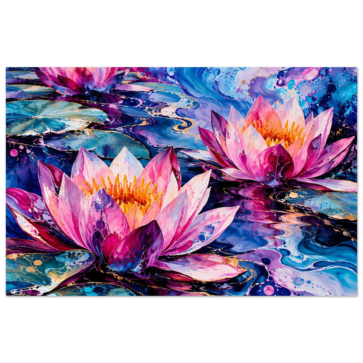Abstraktes Seerosen-Blumenposter: pinke, blaue und violette Seerosen auf Farbwasser