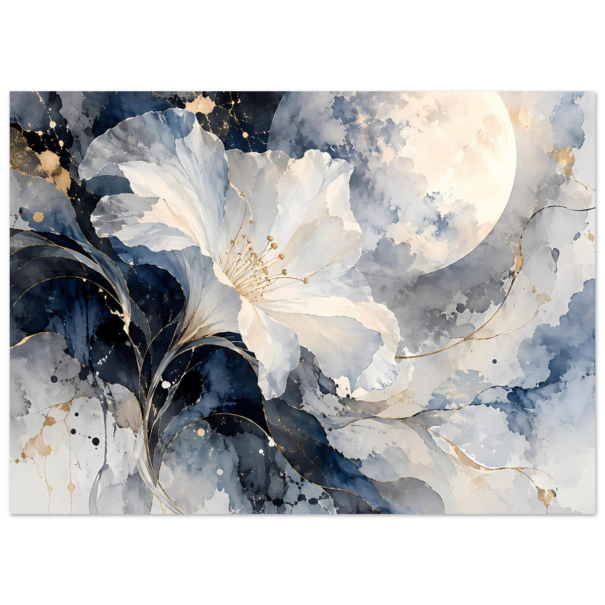Wandposter im Querformat mit großer Mondsichel, weißen Blüten und blau-grauen Flächen