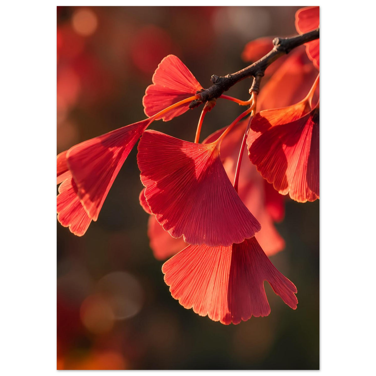 Premium-Mattposter mit roten Ginkgo-Blättern am Ast, viele Blätter sichtbar