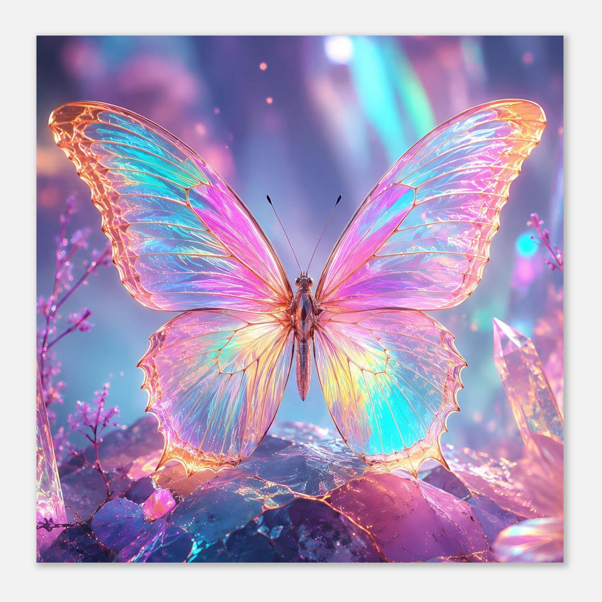 Fantasy-Poster: Regenbogen-Schmetterling zwischen Kristallen, leuchtende Flügel, quadratisch