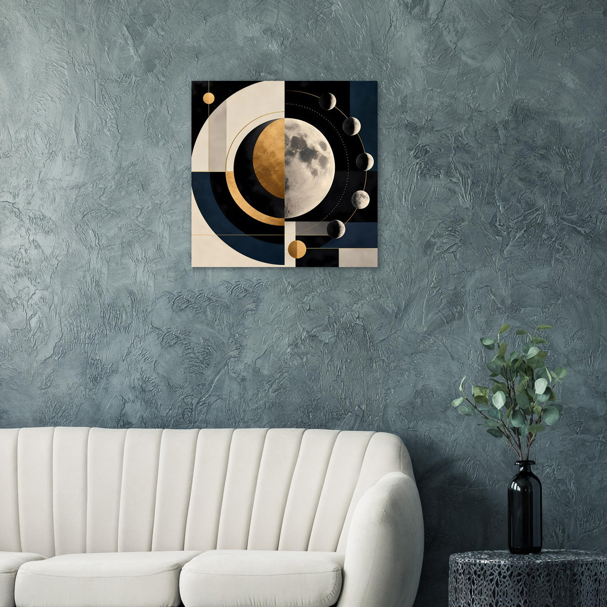 Quadratischer Kunstdruck mit Mondphasen-Design: helle und dunkle Kreise, goldene Punkte und Ringe