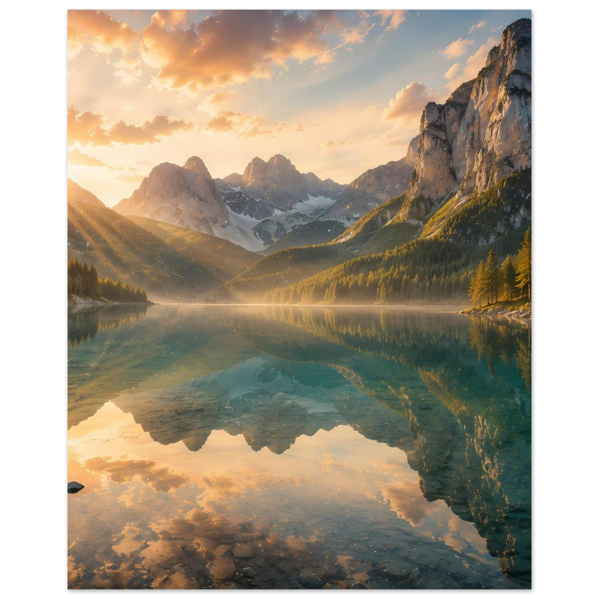 Wandposter im Hochformat mit Sonnenaufgang über Bergsee und reflektierendem Wasser