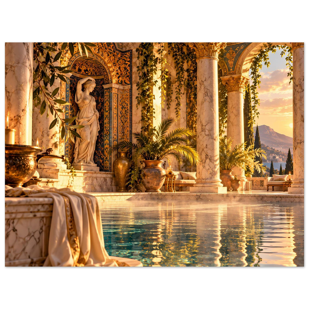 Mediterranes Poolposter: Säulen, Statue und warmes Licht im Wasserbecken, breit