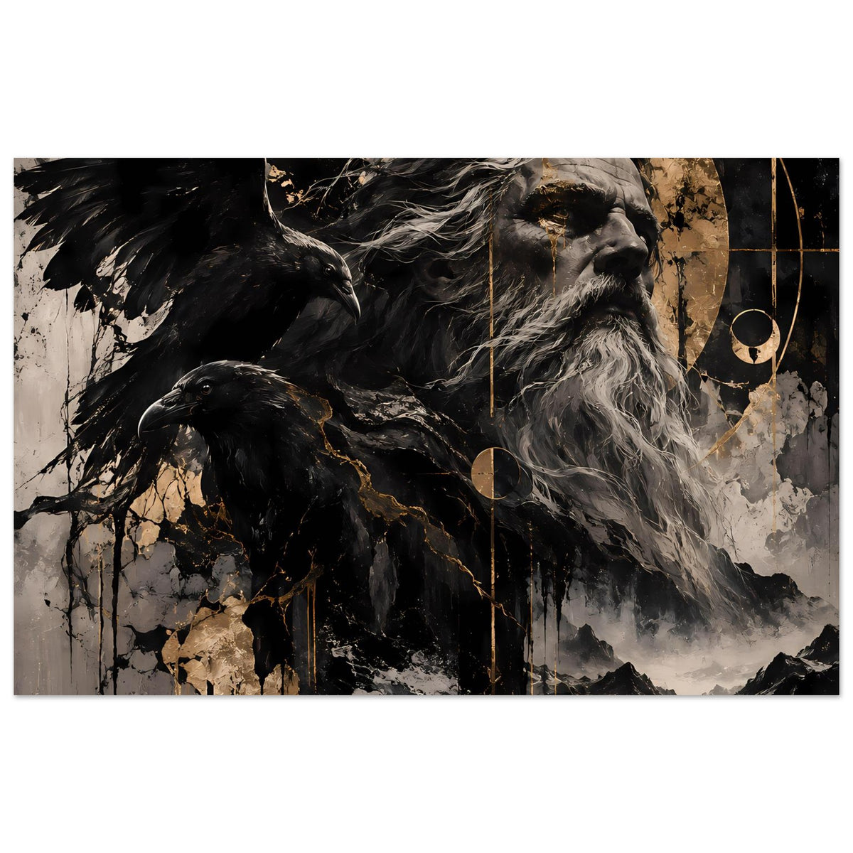 Poster im Querformat mit Odin-Gestalt und Raben, schwarz-grau und goldfarbene Akzente