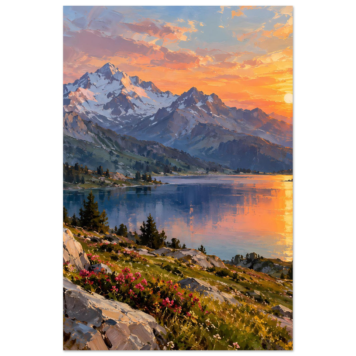 Vertikales Wandposter mit Bergsee und Sonnenuntergang, Berge im Abendlicht, mit Blumen am Rand.