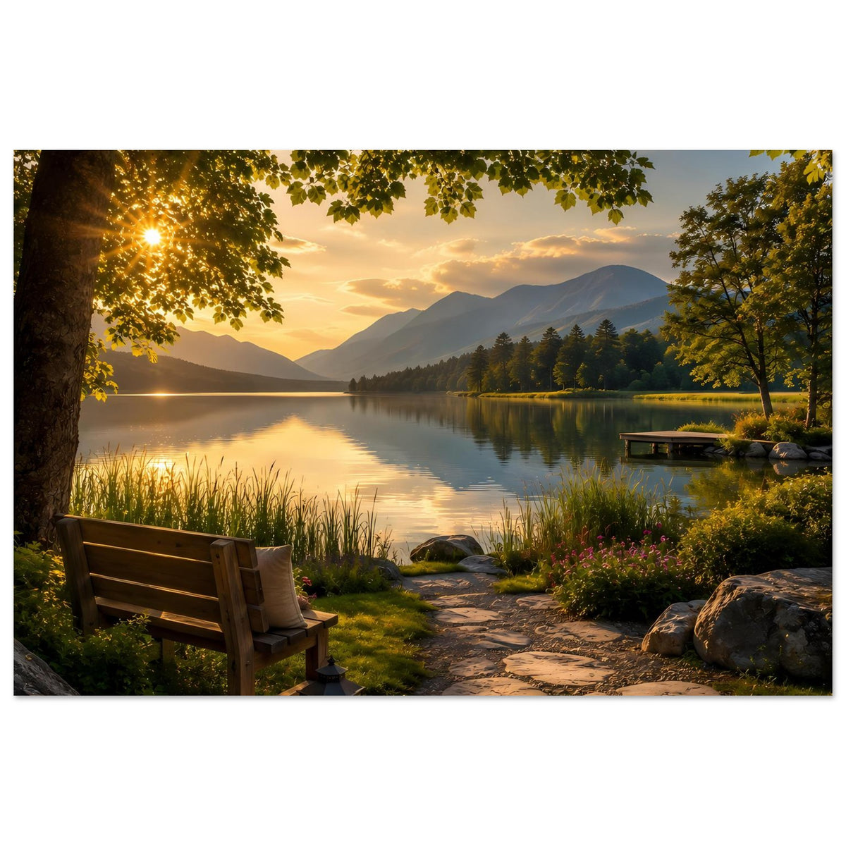 Horizontales Poster mit See bei goldenem Licht, Bank links, Sträucher am Ufer und Berge