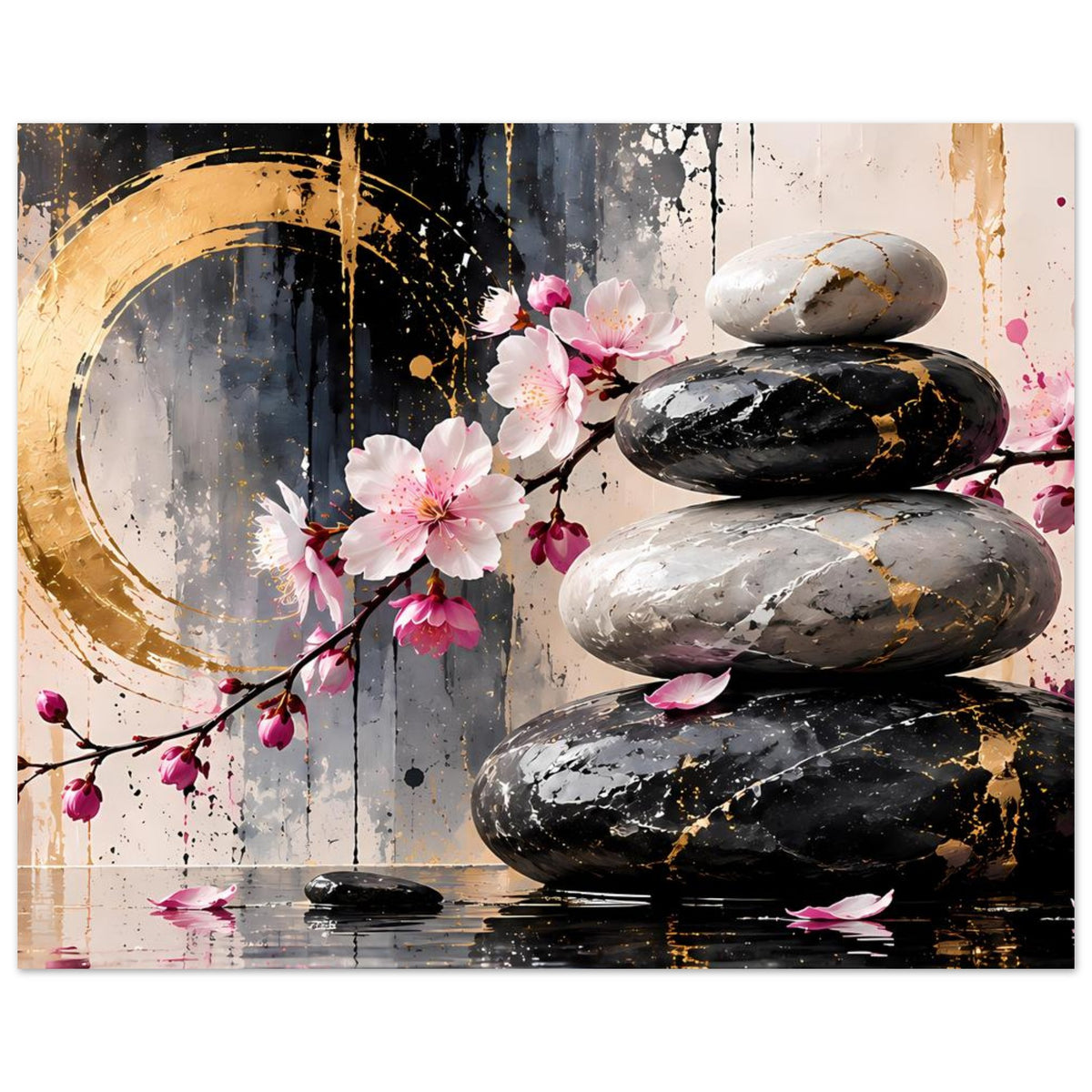 Zen-Poster mit Kirschblüten und drei Steinen, umrahmt von goldenen Sprenkeln und Kreisen