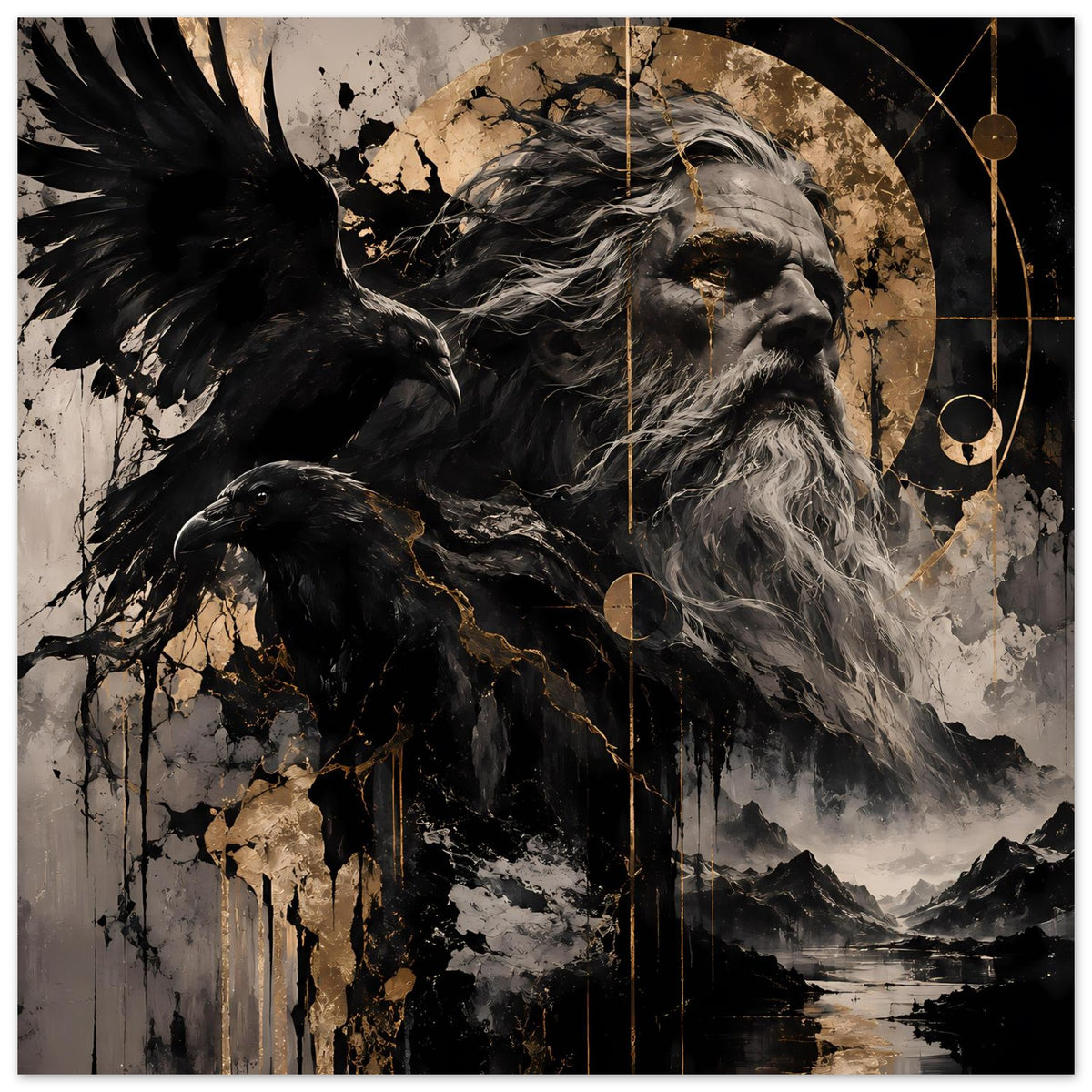 Poster im Querformat: Odin mit Bart und Raben, abstraktes Muster in Schwarz, Grau und Gold