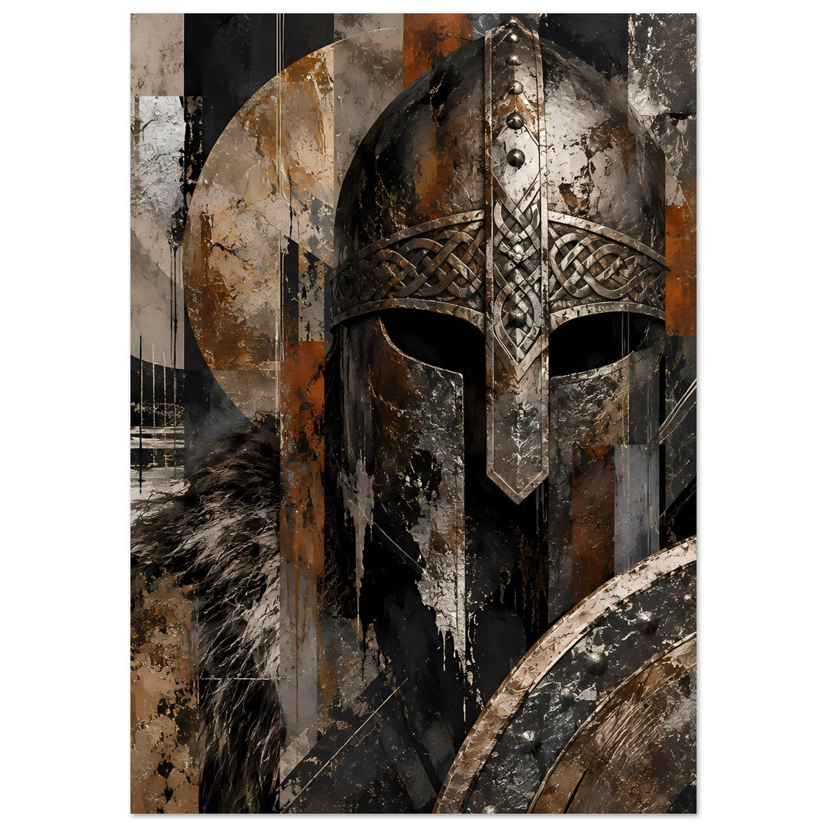 Hochformat-Kunstposter mit Wikinger-Helm, dunklen Konturen und Erdfarbverlauf im Motiv