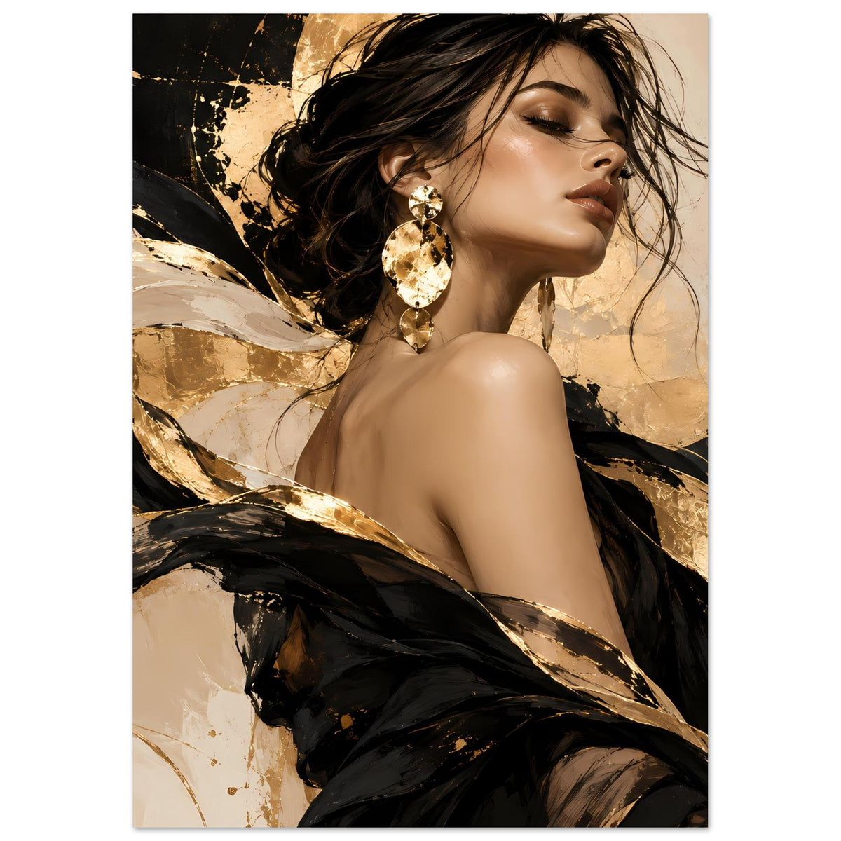 Frauenportrait-Poster im Hochformat mit schwarzer Kleidung, goldener Pinseltextur und Ohrringen