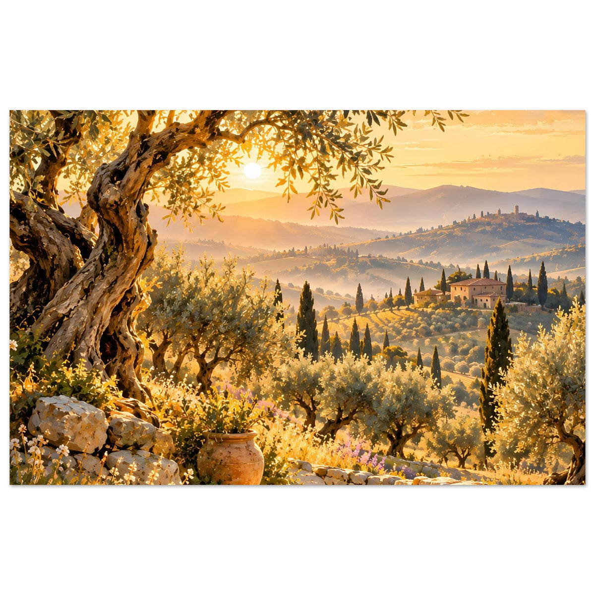 Poster mit goldener Landschaft bei Sonnenuntergang, Olivenbaumzweigen und Talansicht