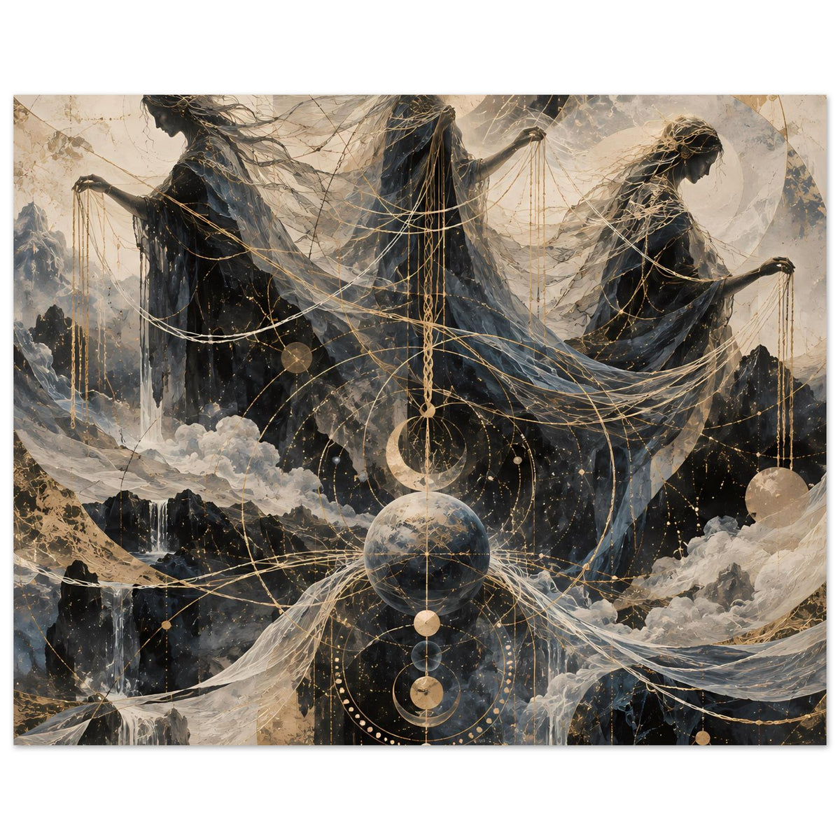 Wandposter im Querformat: drei geflügelte Gestalten, goldene Linien über dunklen Wolken