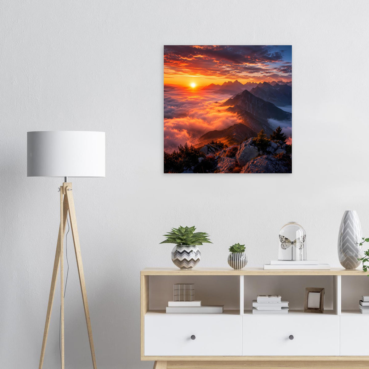 Wandposter mit Sonnenuntergang und Berglandschaft, quadratisches Motiv