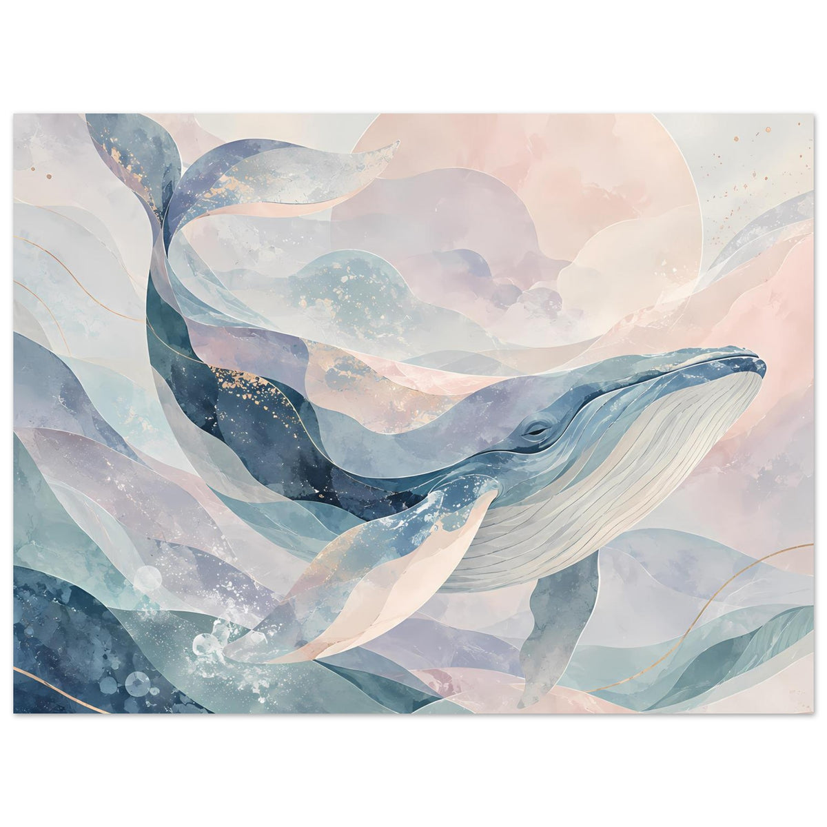 Wal-Kunstposter, horizontal: Walillustration mit Pastellwolken und Wellen in Blau/Rosa.