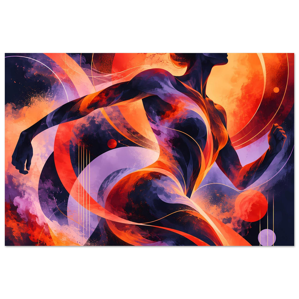 Horizontales Premium-Poster mit Feuer-Comicfrau und abstrakten Kreisen, Rot, Lila und Dunkelblau.
