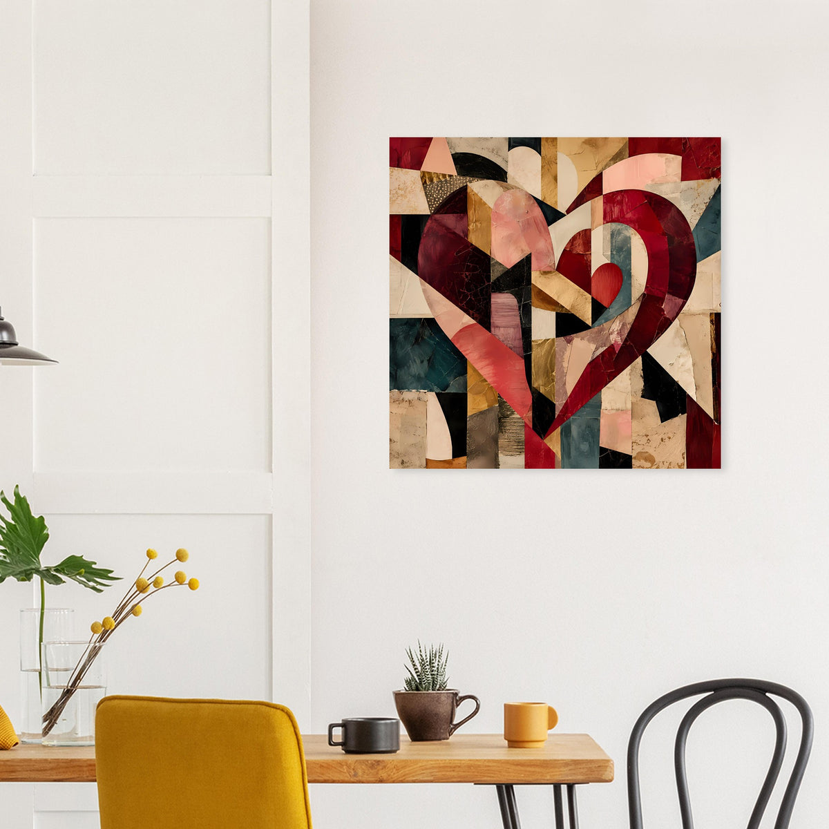 Quadratisches Poster mit abstraktem Herz aus Collage-Formen in Rot, Beige und Petrol