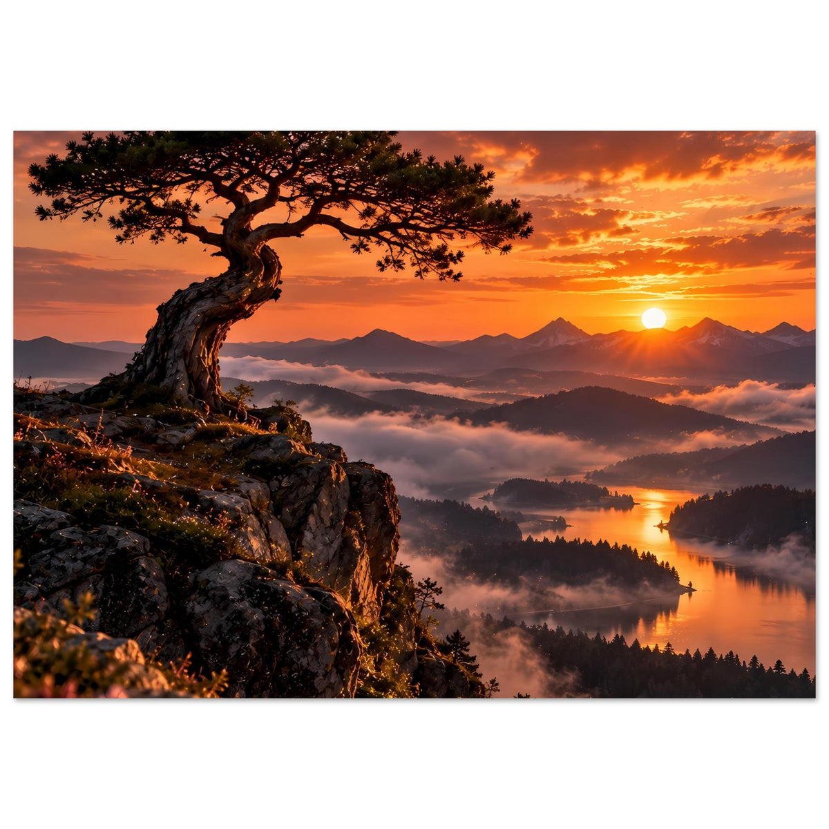Landschaftsposter: Baumkrone über dunklen Felsen, orange Sonne, Berge und See im Dunst