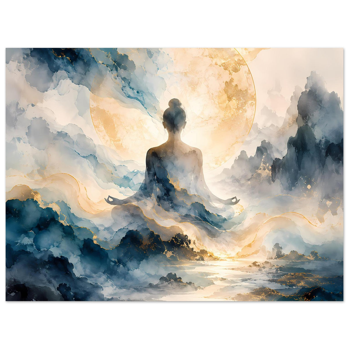Zen-Poster querformat: sitzende Figur zwischen blauen Wolken und goldenem Lichtschein