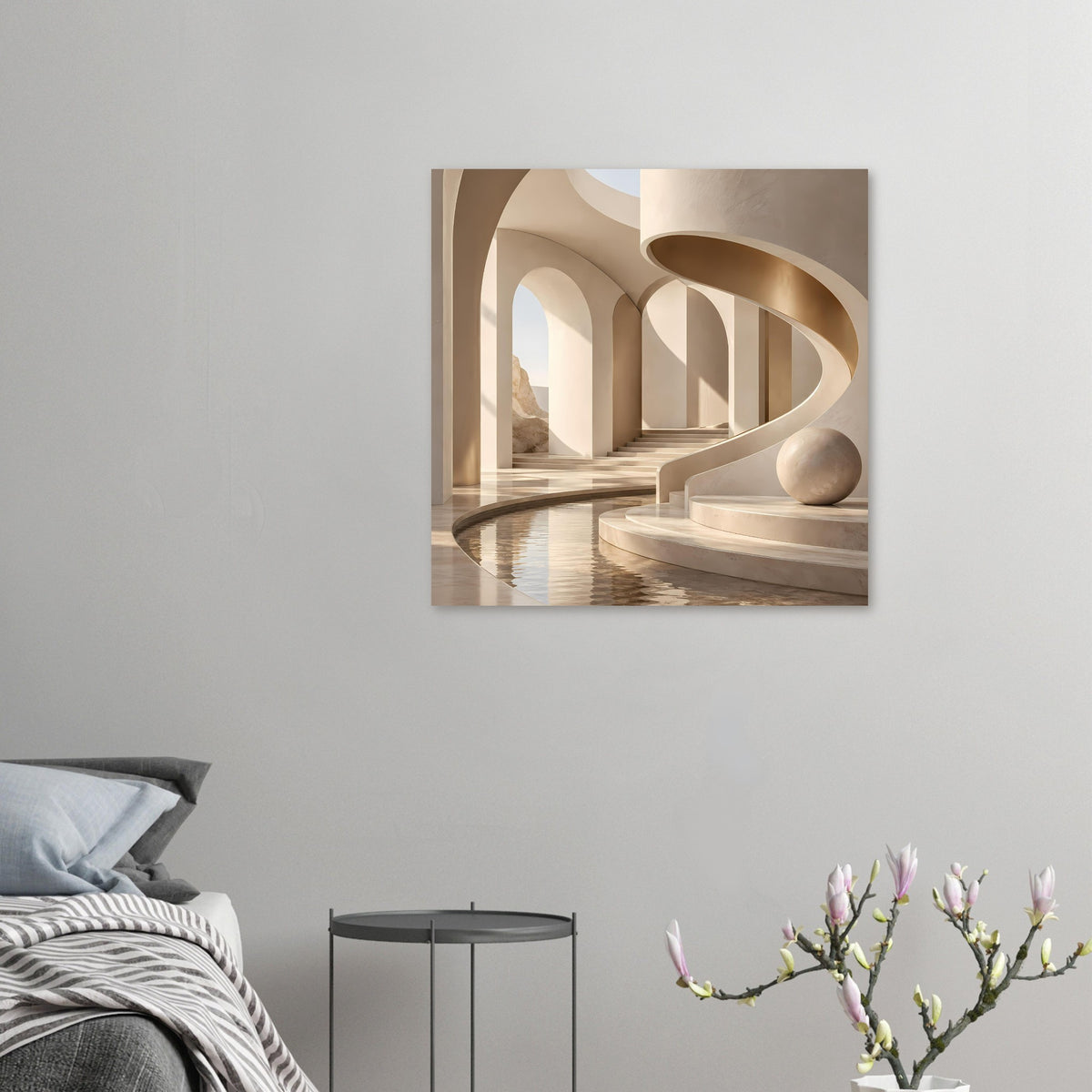 Geringes Architektur-Poster an der Wand: beiger Marmorbogen mit Wasserbecken und Dekokugel