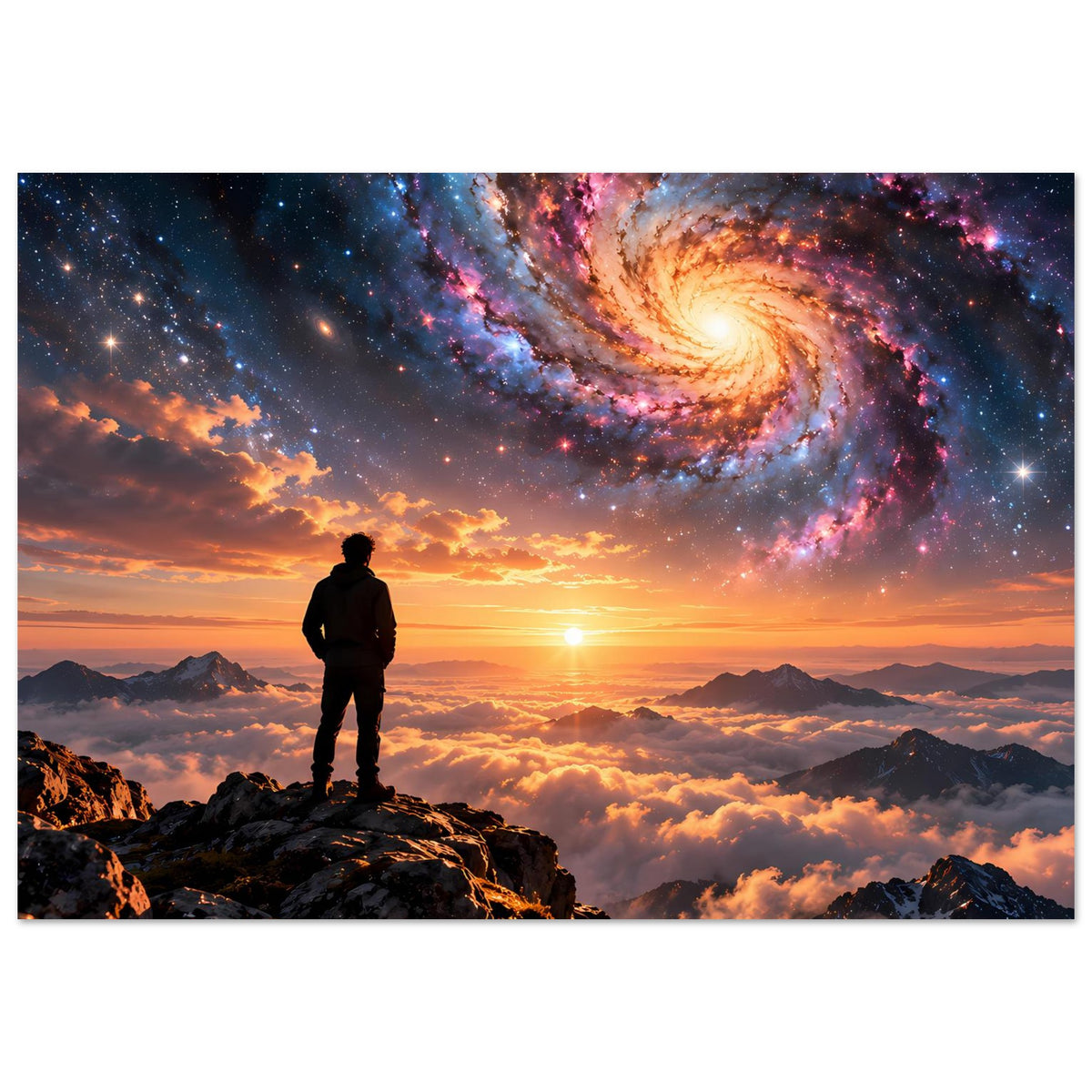 Wandposter: Wanderersilhouette vor spiraliger Galaxie, Sonnenuntergang über Bergkämmen und Wolken