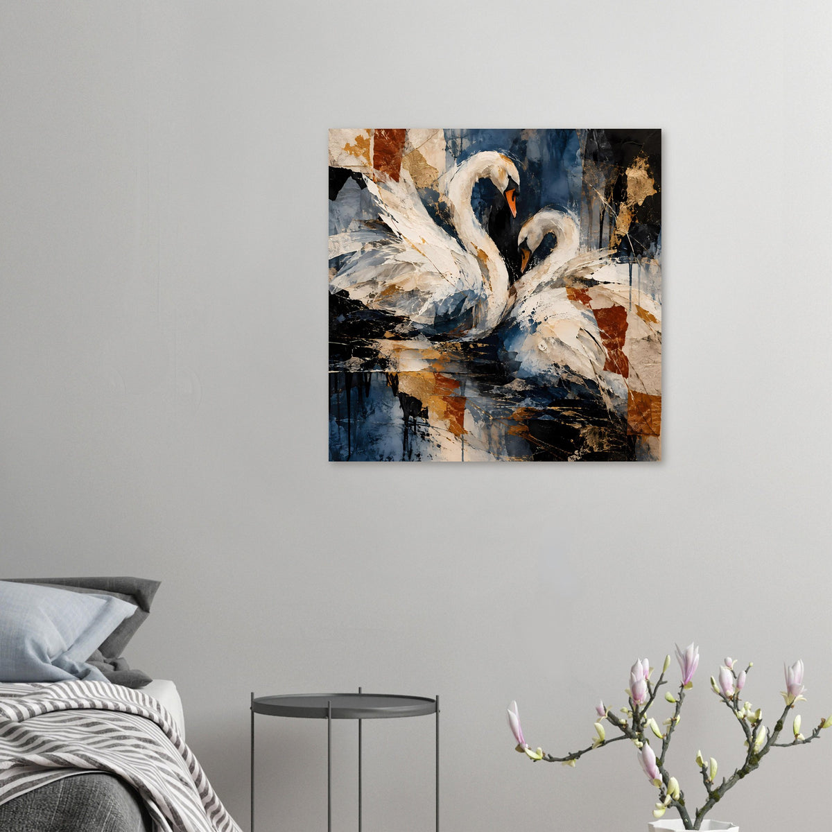 Kleines Poster im Quadratformat mit abstraktem Schwanenmotiv in Blau, Weiß und Rostorange