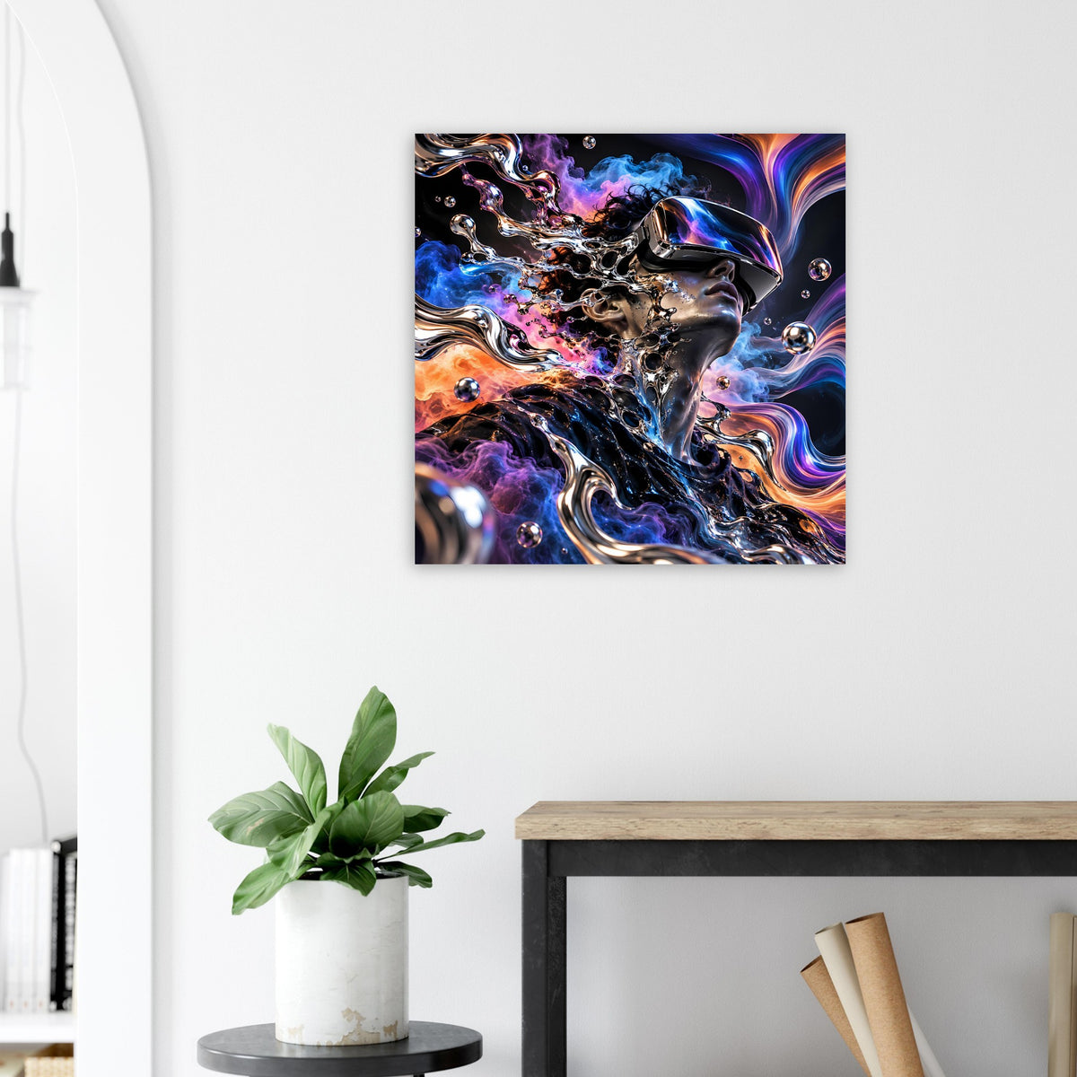Wandposter mit abstrakter Szene aus Strudeln und Farben in Blau, Lila und Orange
