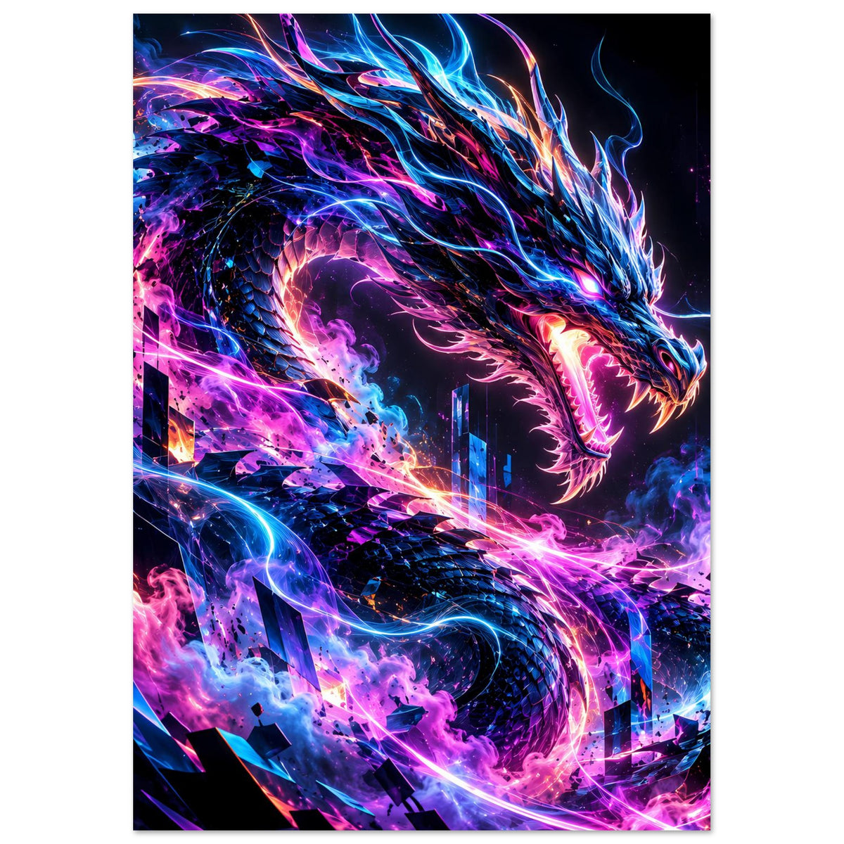 Hochformat-Poster mit Neon-Cyberdrache: leuchtende lila und blaue Flammen, kraftvolle Drachenform