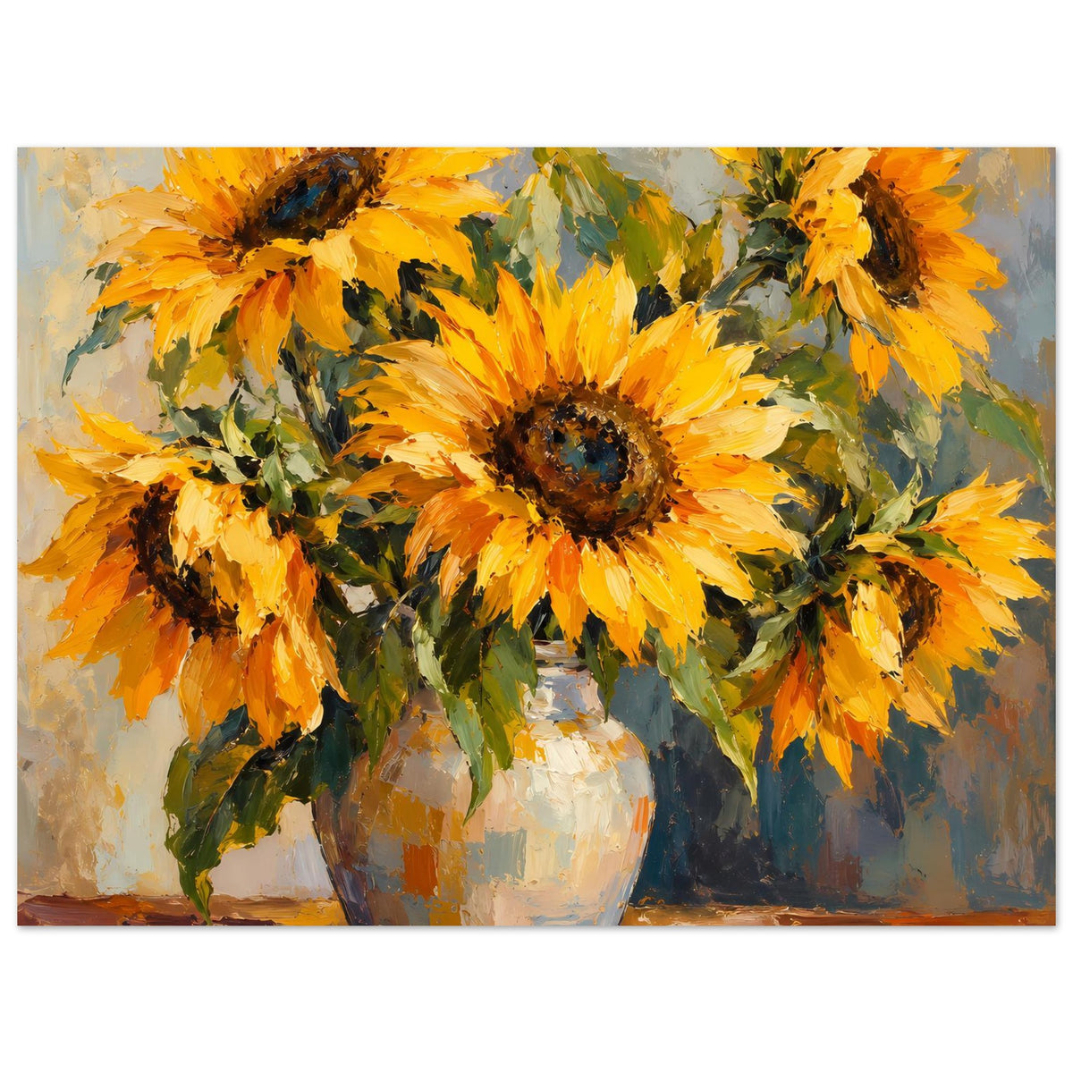 Sonnenblumen Poster: gelbe Blüten und braune Kerne in weißer Keramikvase, auf mattem Papier