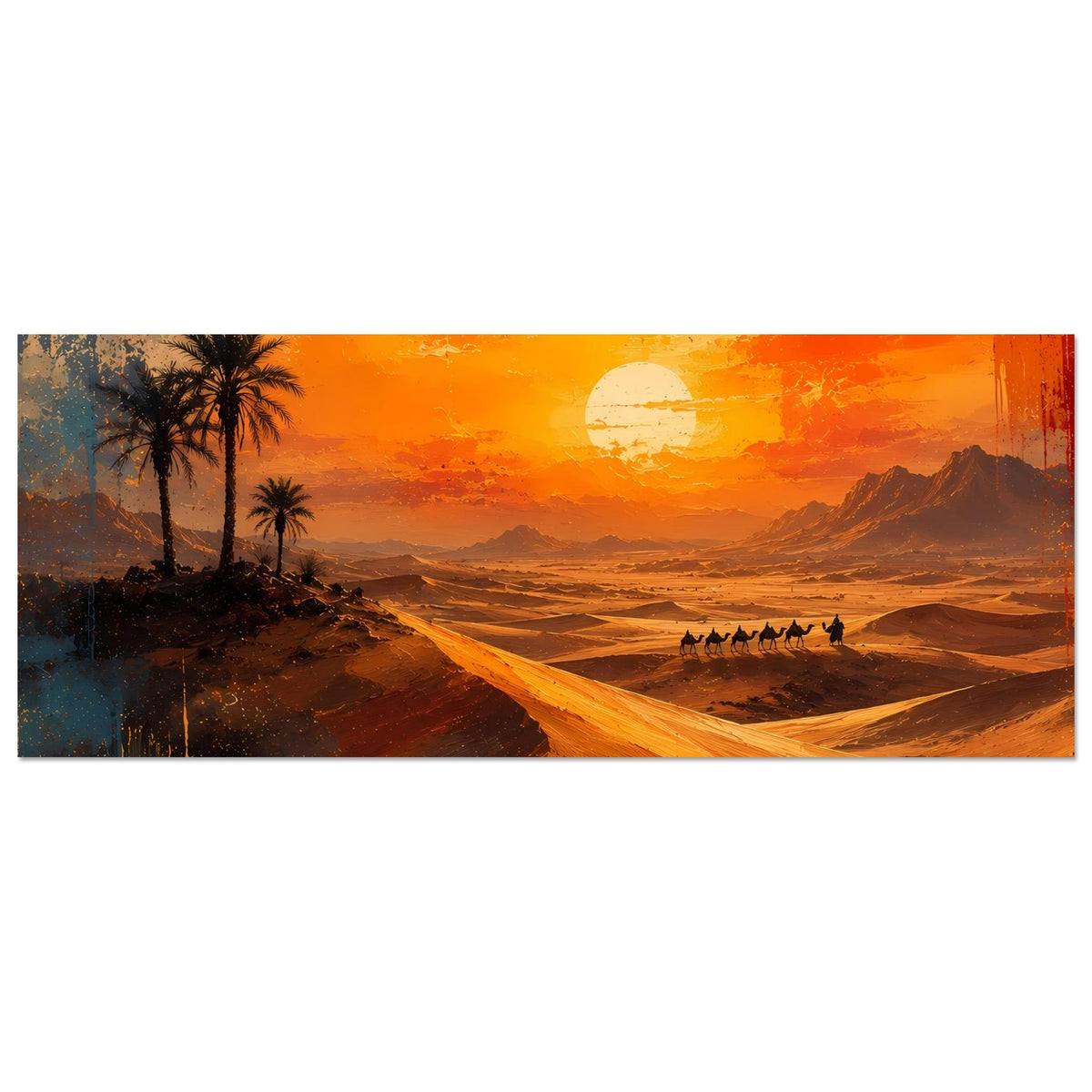 Wüstenposter im Querformat: Palmen, Karawane und orange Sonnenuntergang über Dünen
