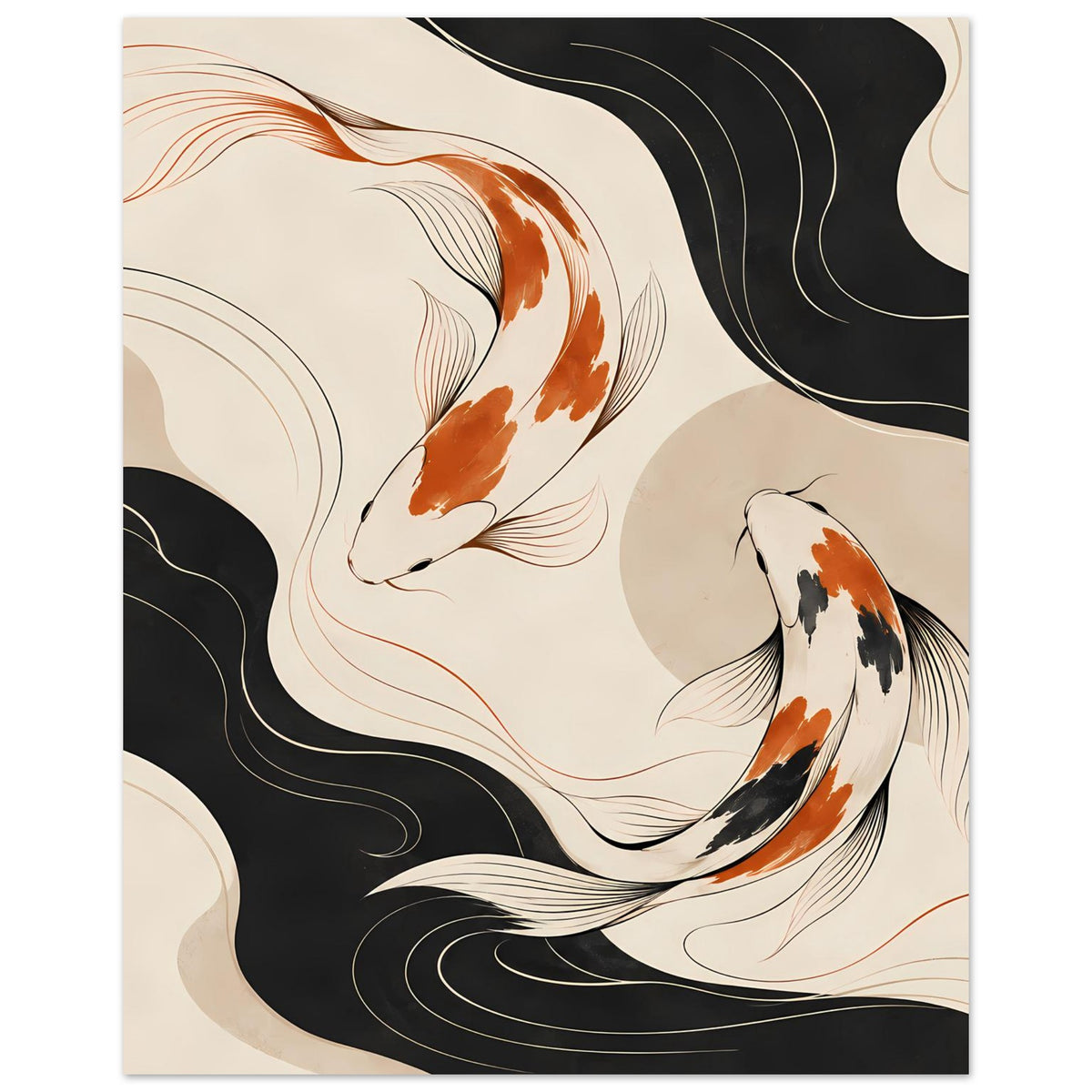 Nahansicht des Querformat-Wandposters: Koi-Fische in Schwarz/Beige mit orangefarbenen Flossen