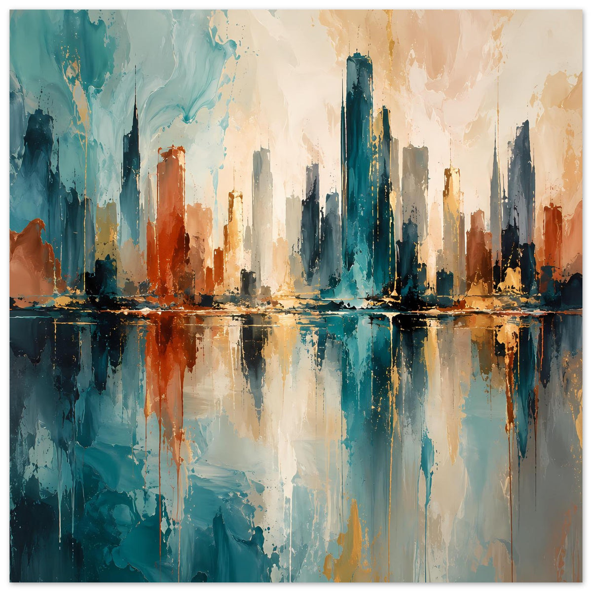 Abstraktes Skyline-Poster mit Stadtansicht und Reflexion, Blau, Gold, Rost, gerahmt