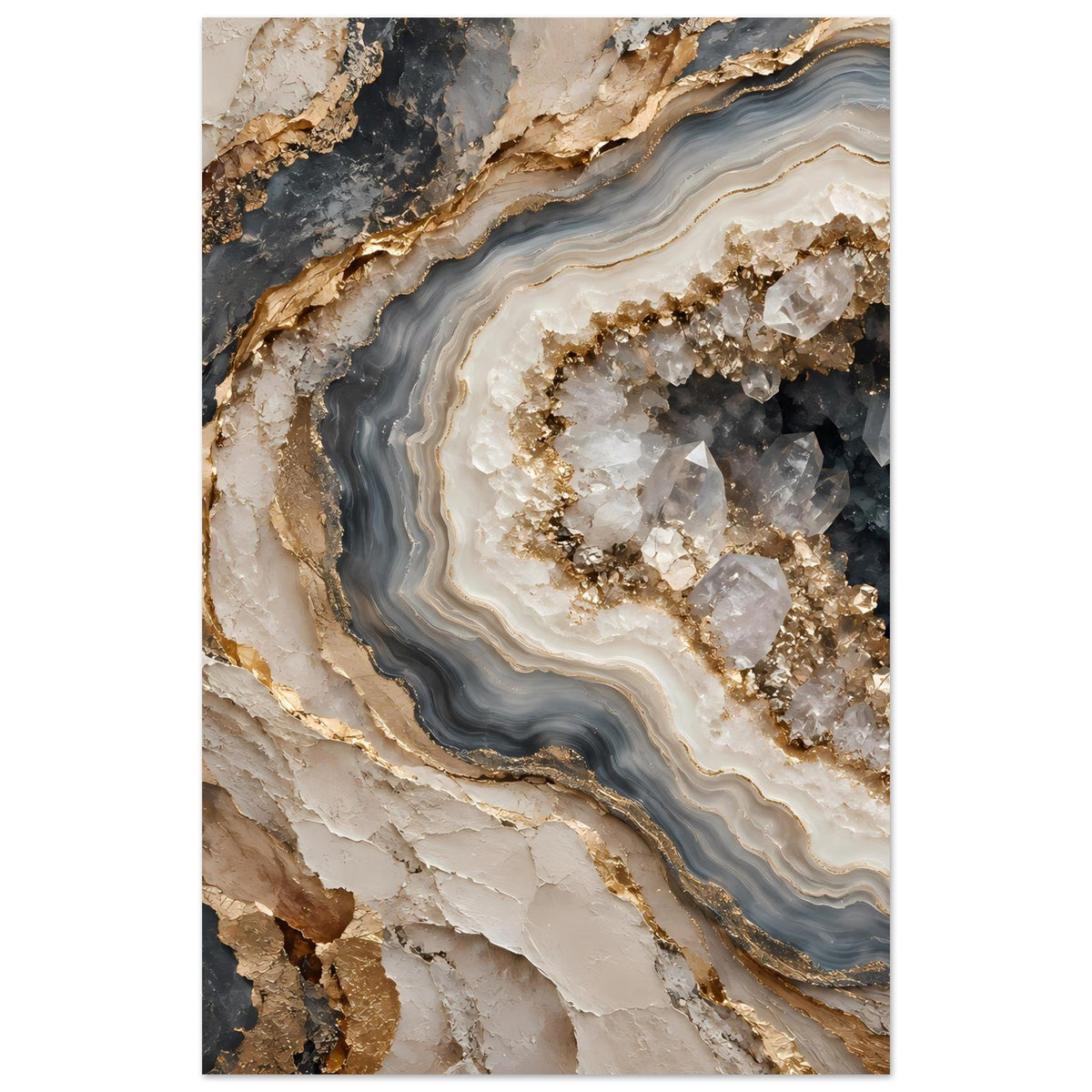 Geoden-Poster im Hochformat: geschichtete Gesteinsadern mit goldenem Glitzer und Kristallen
