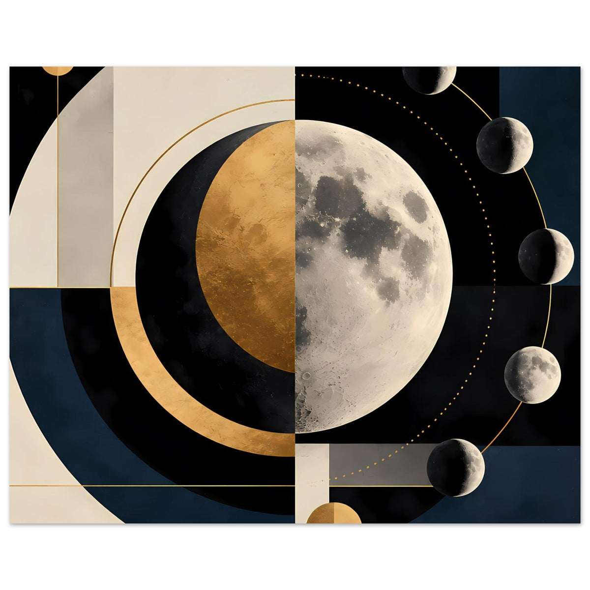 Abstrakter Mondphasen-Druck mit Vollmond, goldenem Halbmond, mehreren schwarzen Kugeln und Punkt-Orbits