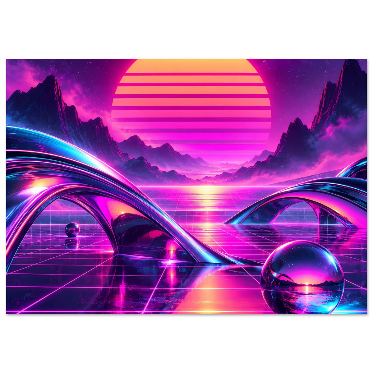 Neon-Science-Fiction-Poster mit retro Sonnenuntergang, großer Kreis-Sonne und Grid-Boden