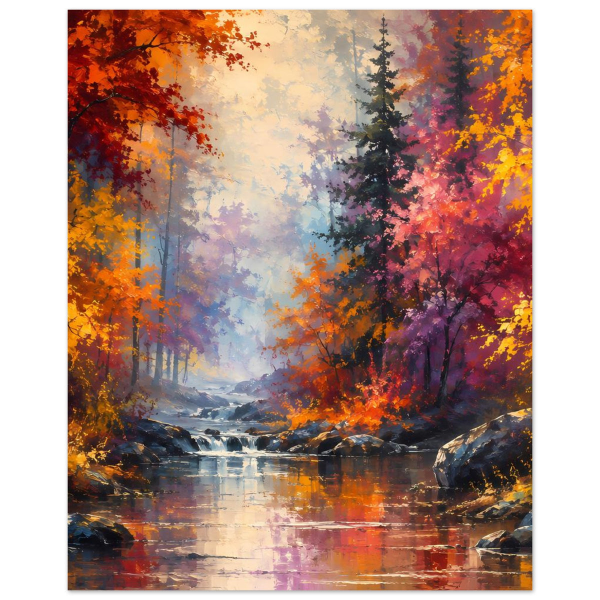 Herbstwald-Panorama-Poster mit Fluss und dichtem Wald, kräftige Herbstfarben, Breitformat