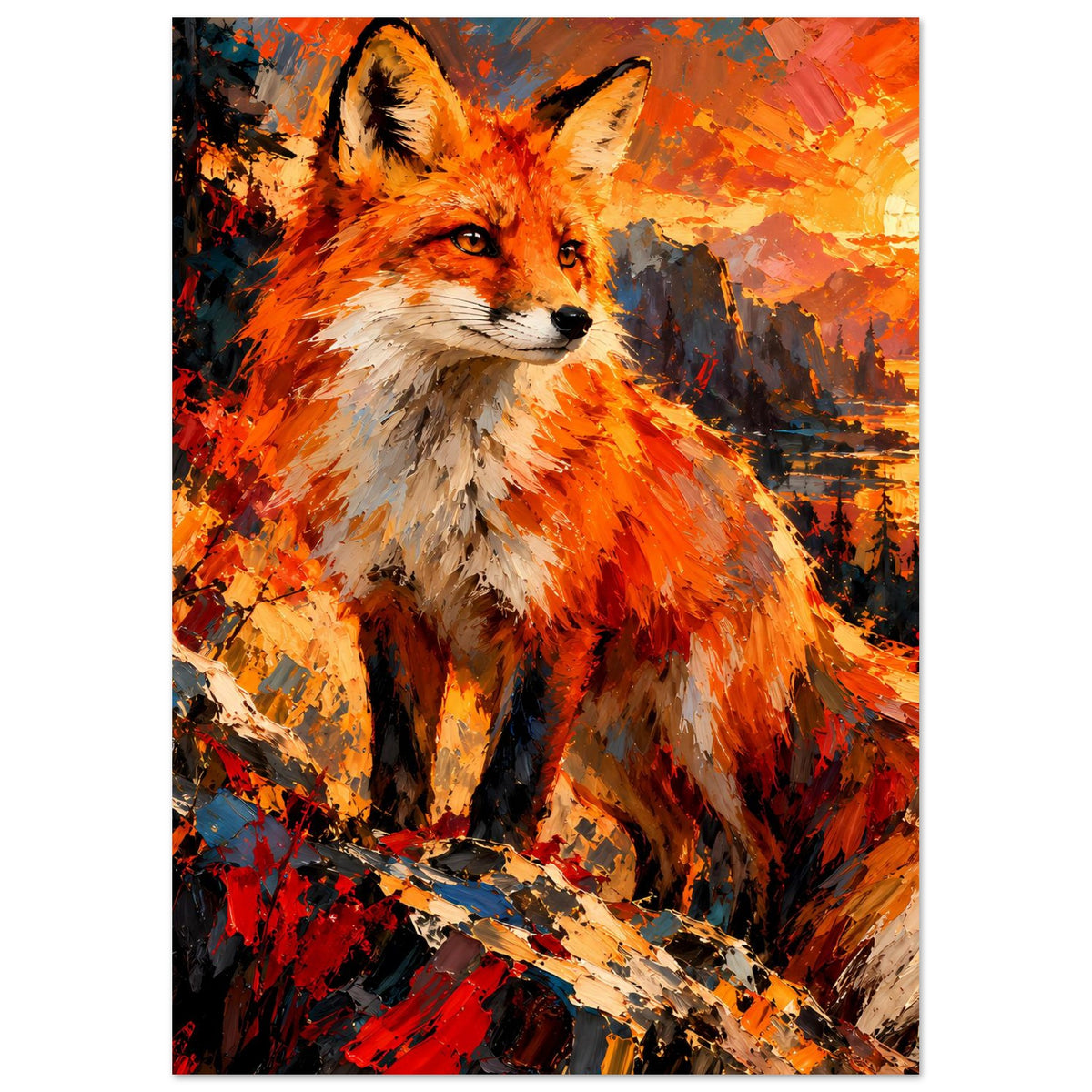 Poster mit Fuchs-Porträt, weit sichtbarer Körper, kräftige orange-braune Farbflächen
