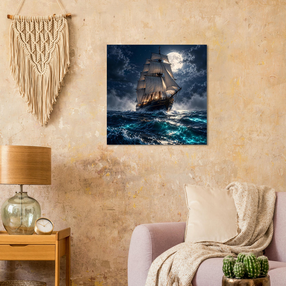 Poster mit Segelschiff vor dunklen Wolken, Mondlicht über blauem Wasser
