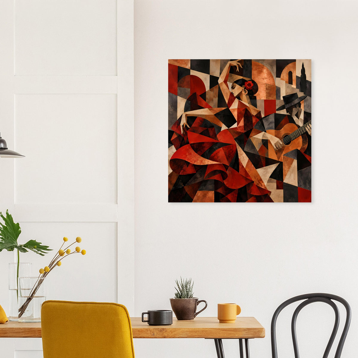 Quadratisches Kunstposter mit abstrakter Flamenco-Figur und geometrischen Formen