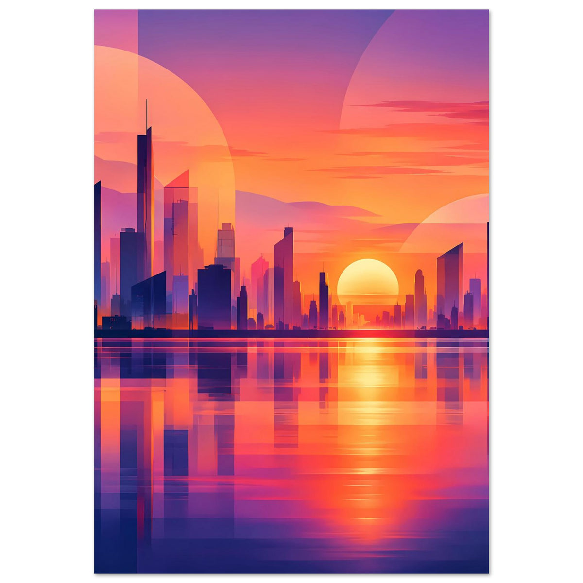 Vertikales Stadtposter mit Skyline im Dämmerlicht, Sonne über Stadt und Reflexionen