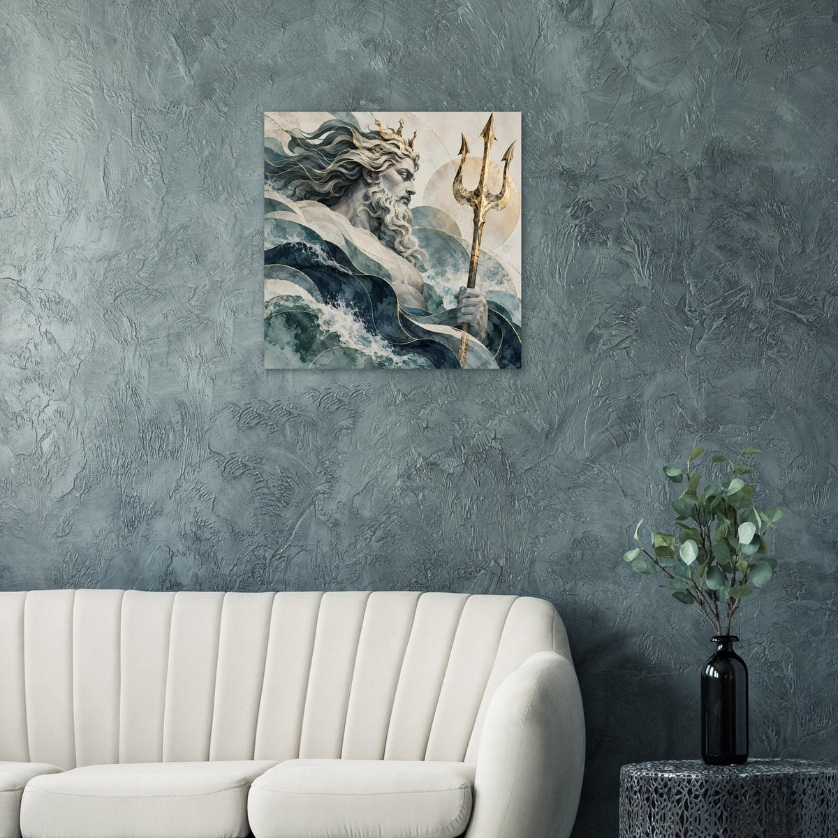 Quadratisches Poster mit Poseidonfigur, Wellen und goldenem Dreizack als Motiv