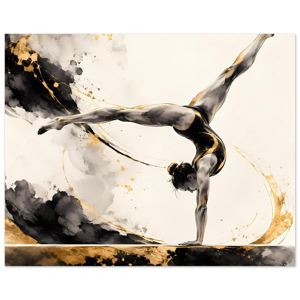 Gymnastikposter mit Turnerin in Schwarz und Gold in akrobatischer Handstand-Haltung